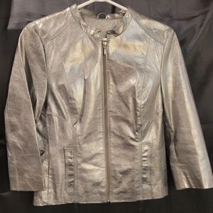 Boston Proper 100% Leather Metallic Silver Zip Front Jacket Medium